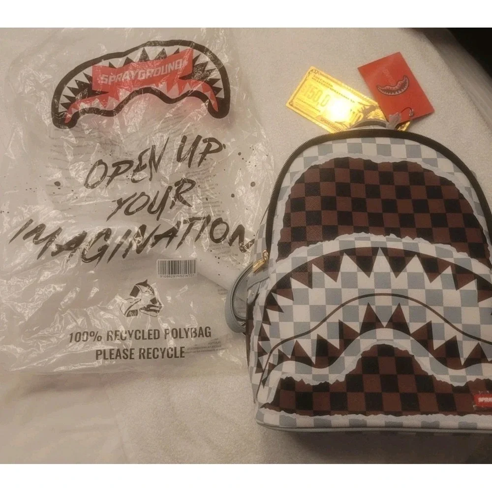 NWT Sprayground Shark Legacy Check Savage Mini/Small Backpack Gray/White/Br/BLK